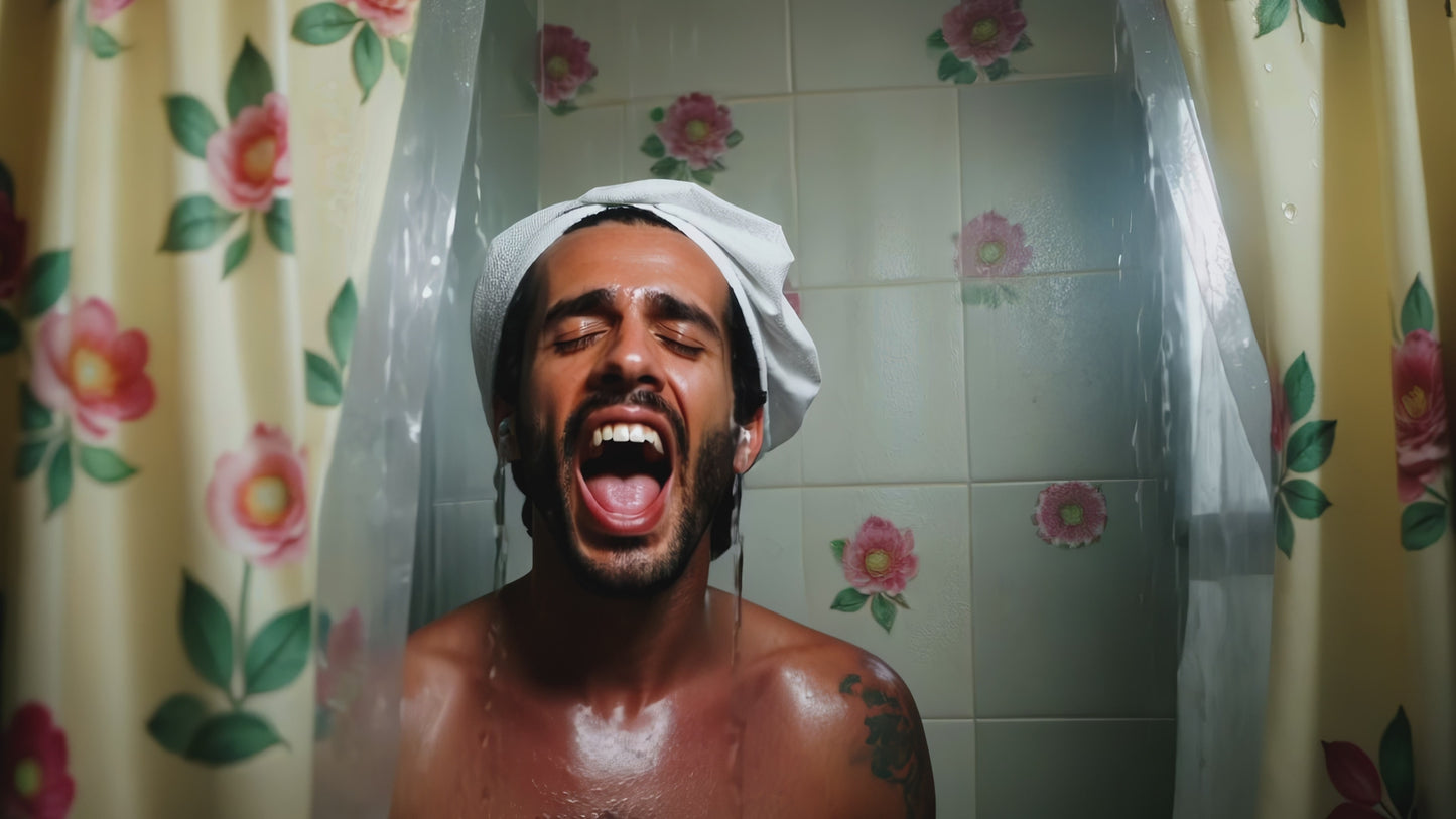 Man singing in the shower, vintage bathroom, floral tile and curtain